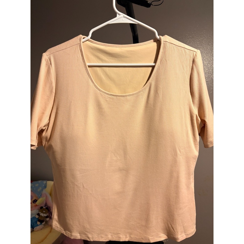 FawnFit - Beige Short Sleeve,‎ Ribbed Crop Top with Built In Bra Sz 1X